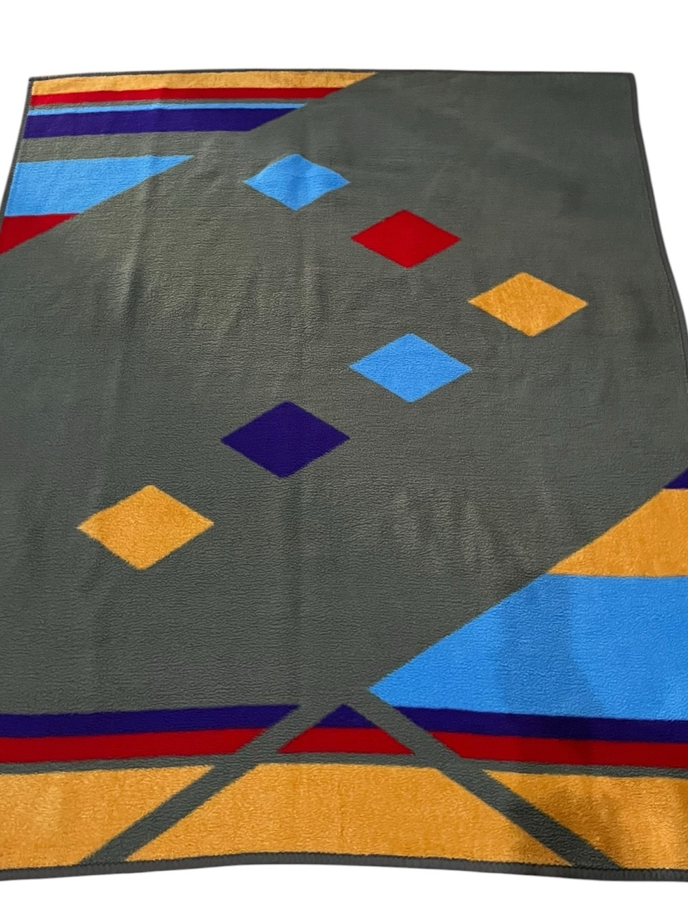 Vintage 1970s DOLAN Velour Blanket, Retro Geometric Design, 66 × 54 in